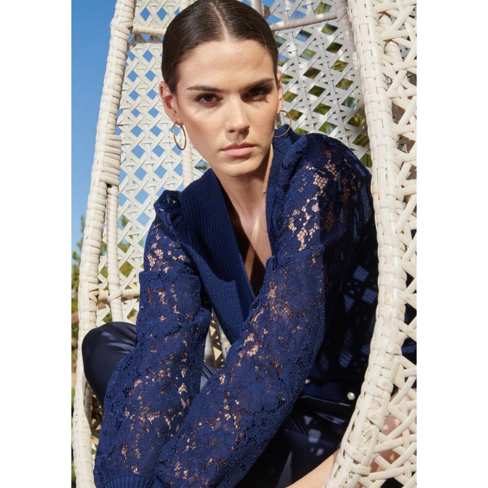 CAMI NYC Beth Merino Wool Lace Sleeve Cardigan Navy Blue {WW53}